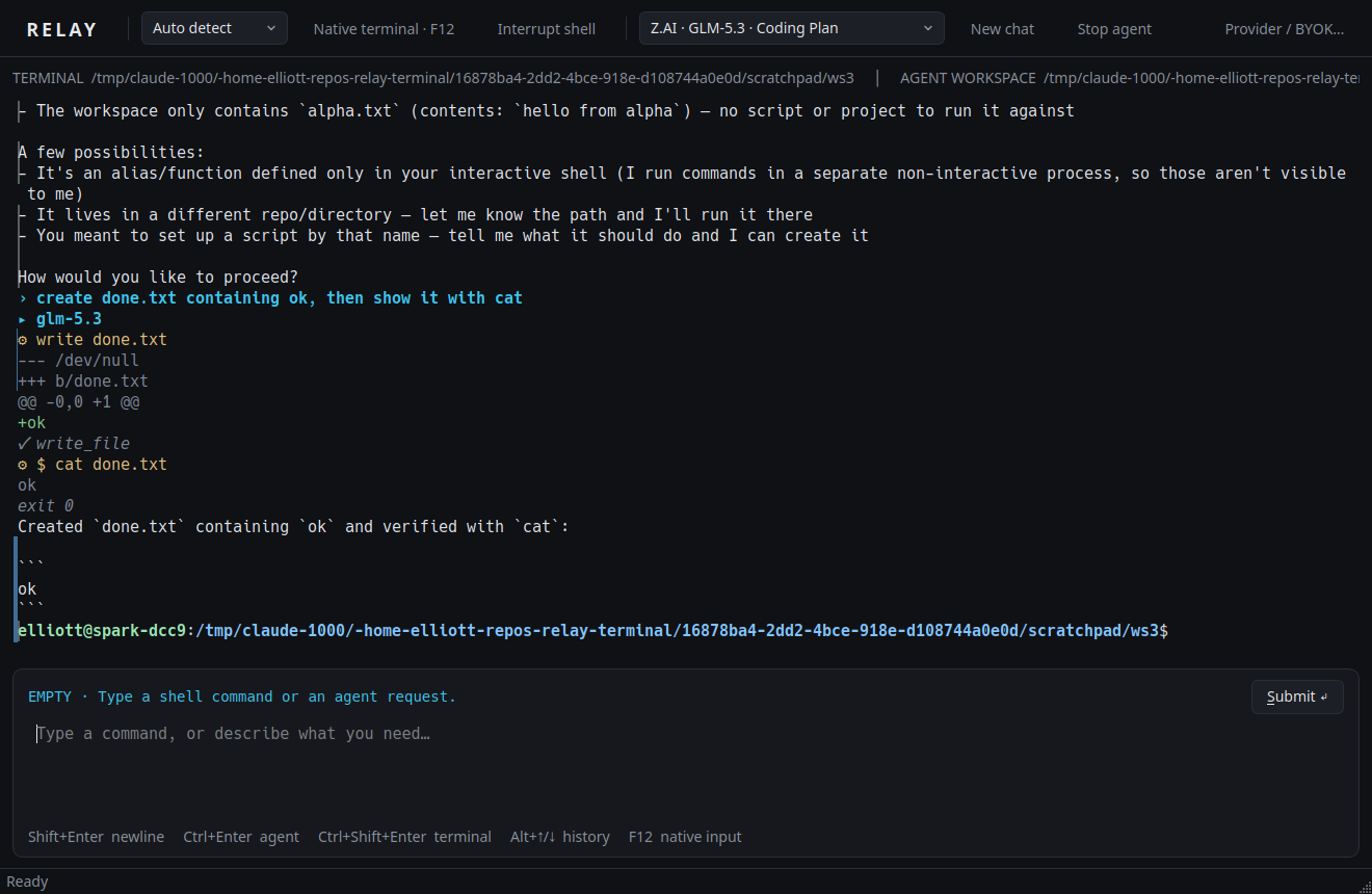 Relay window: the agent writes done.txt, shows the diff and runs cat in the terminal, with the prompt editor below.