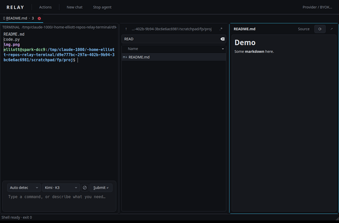 Terminal next to a folder explorer and a rendered Markdown preview.