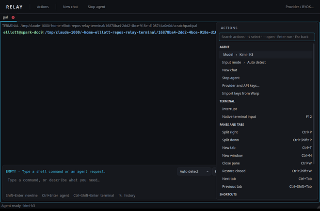 Actions palette listing agent, terminal and pane actions with their shortcuts.