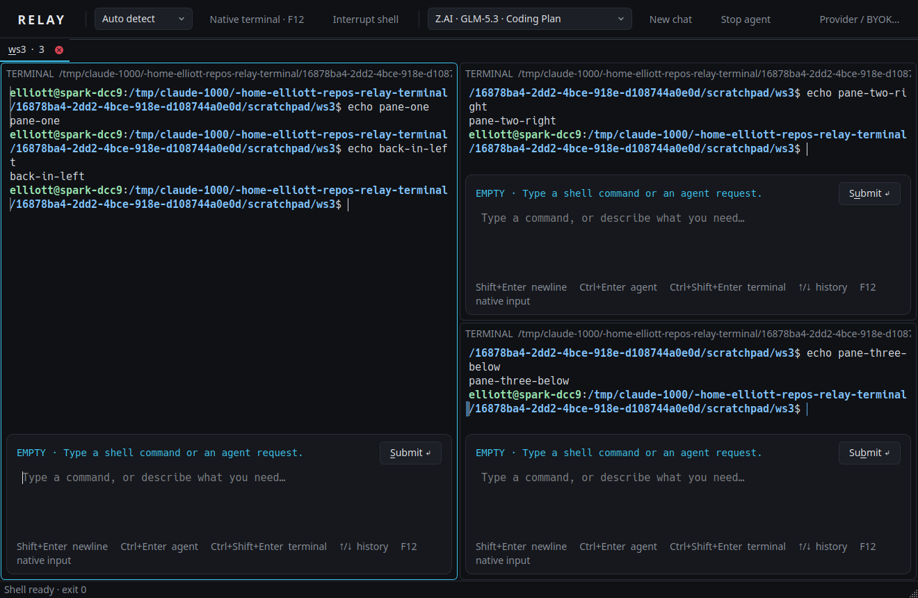 Three split panes, each with its own shell and prompt editor.